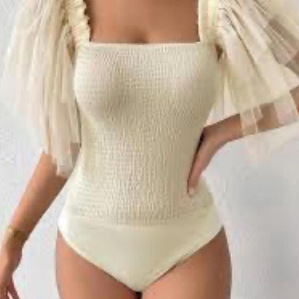 SHEIN Curve Square Smoked Neck Cream Bodysuit Tulle Ruffled Sleeves 3XL Fairy